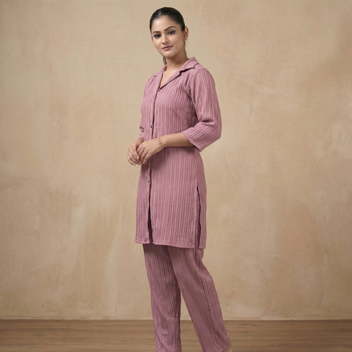 Rose Vertical Stripe Co-Ord Set – Shirt Style Top & Straight Pants - Image 2