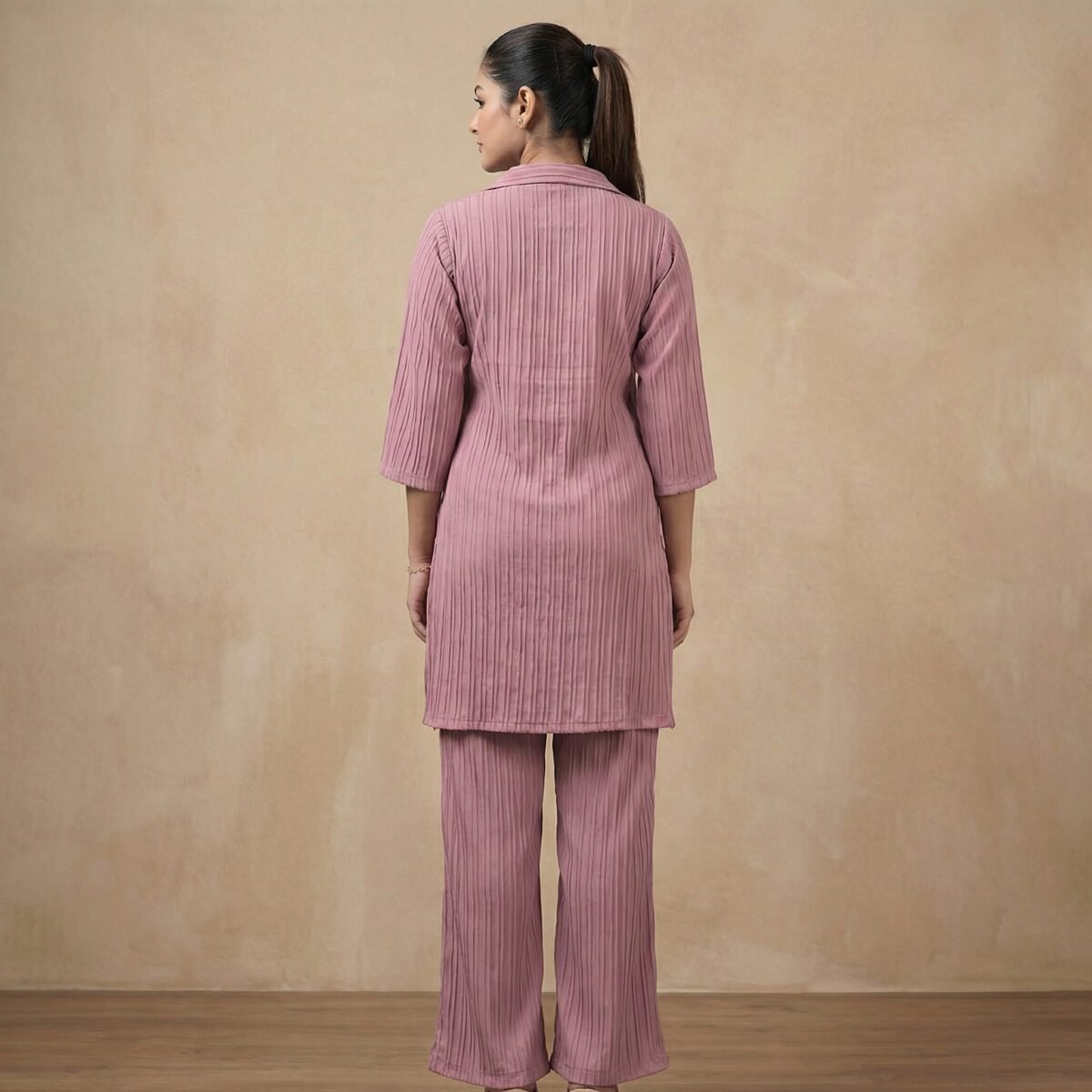 Rose Vertical Stripe Co-Ord Set – Shirt Style Top & Straight Pants - Image 4