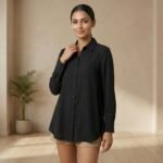 Solid Black Cotton Button-Down Shirt – Long Sleeve Casual Top - Image 4