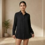 Solid Black Cotton Button-Down Shirt – Long Sleeve Casual Top - Image 2
