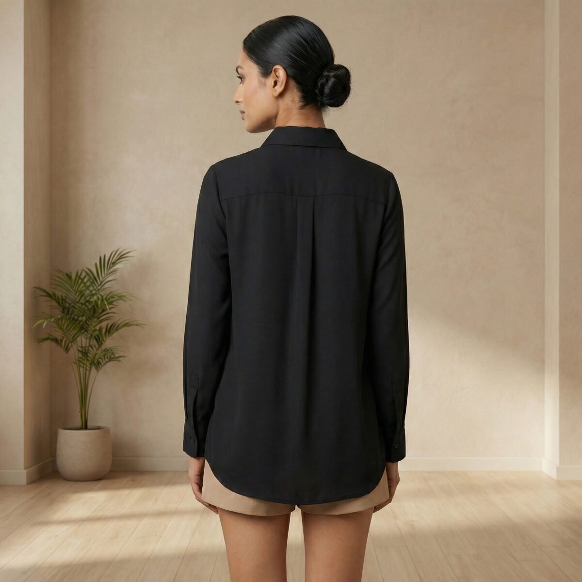 Solid Black Cotton Button-Down Shirt – Long Sleeve Casual Top - Image 3