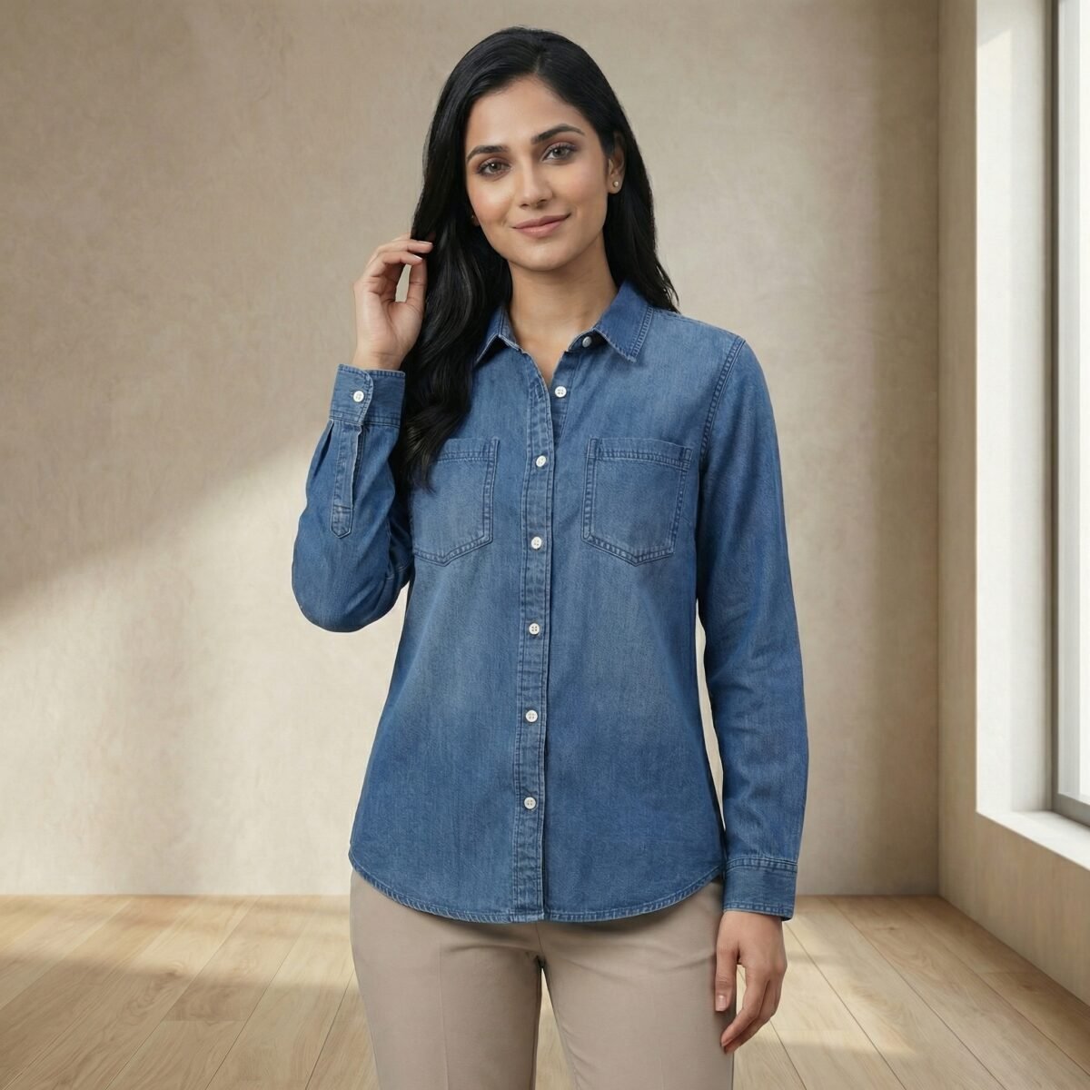 Classic Mid-Wash Blue Denim Shirt – Relaxed Fit, Full Sleeve - Image 3