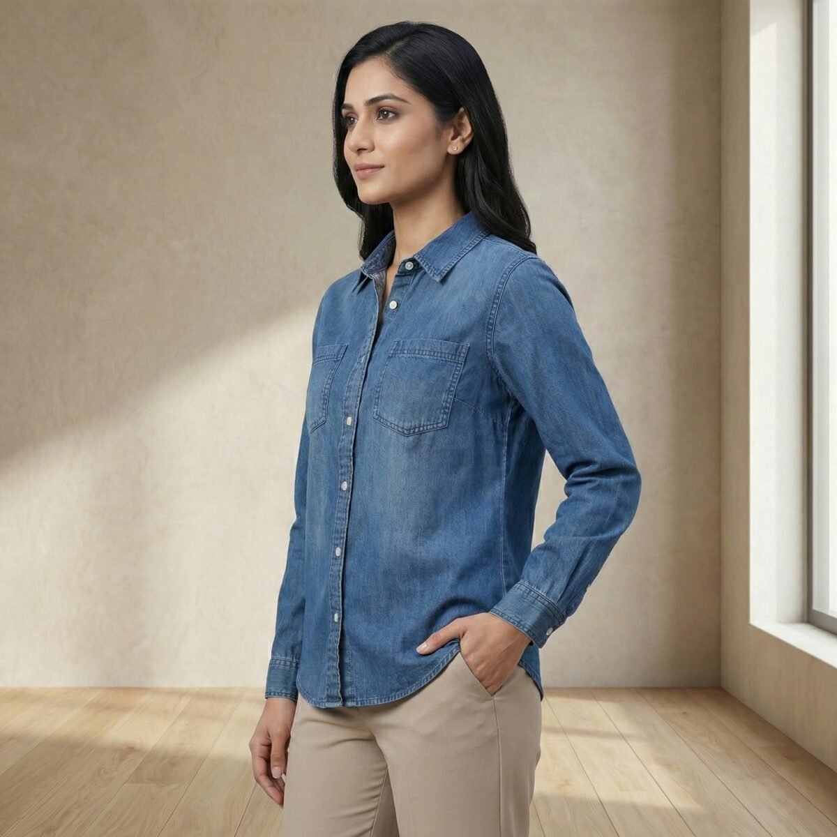 Classic Mid-Wash Blue Denim Shirt – Relaxed Fit, Full Sleeve - Image 2