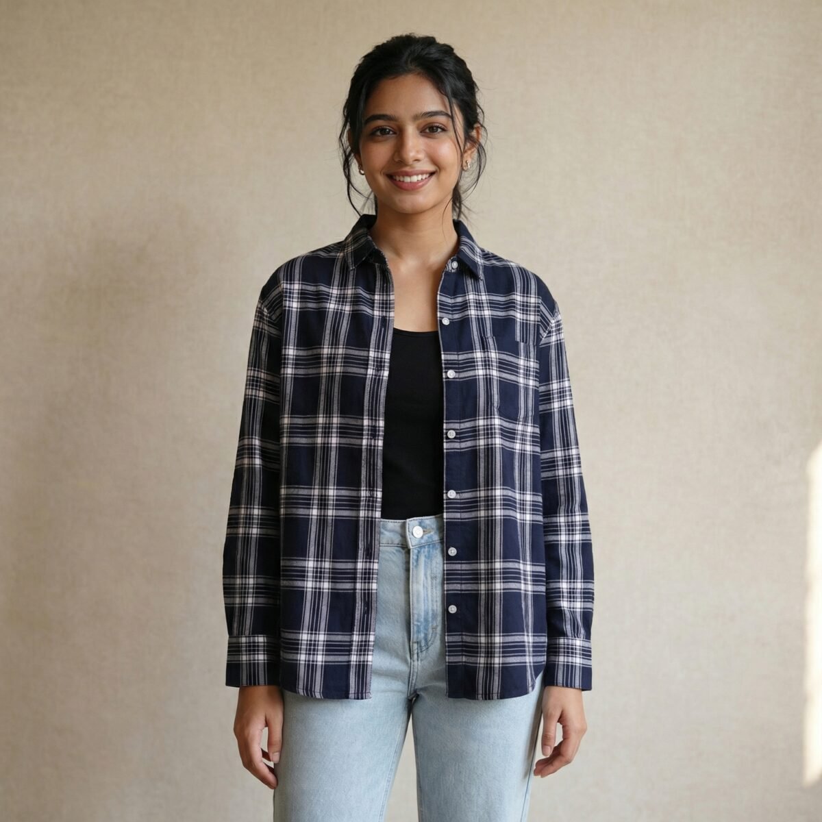 Navy Blue Checked Cotton Casual Shirt - Image 3