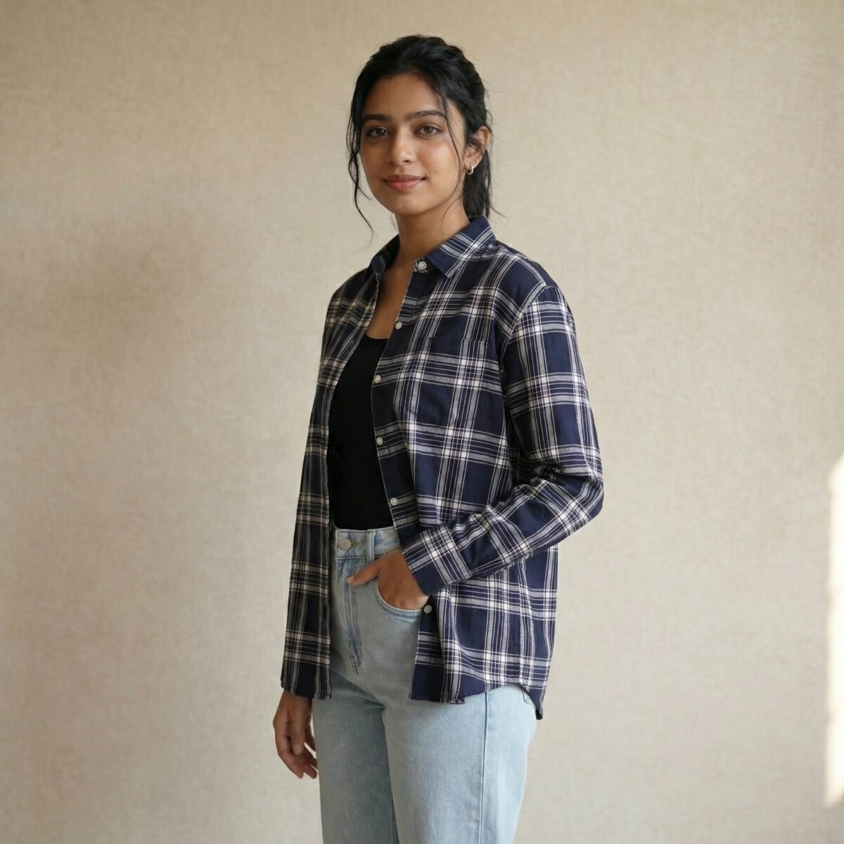 Navy Blue Checked Cotton Casual Shirt - Image 2