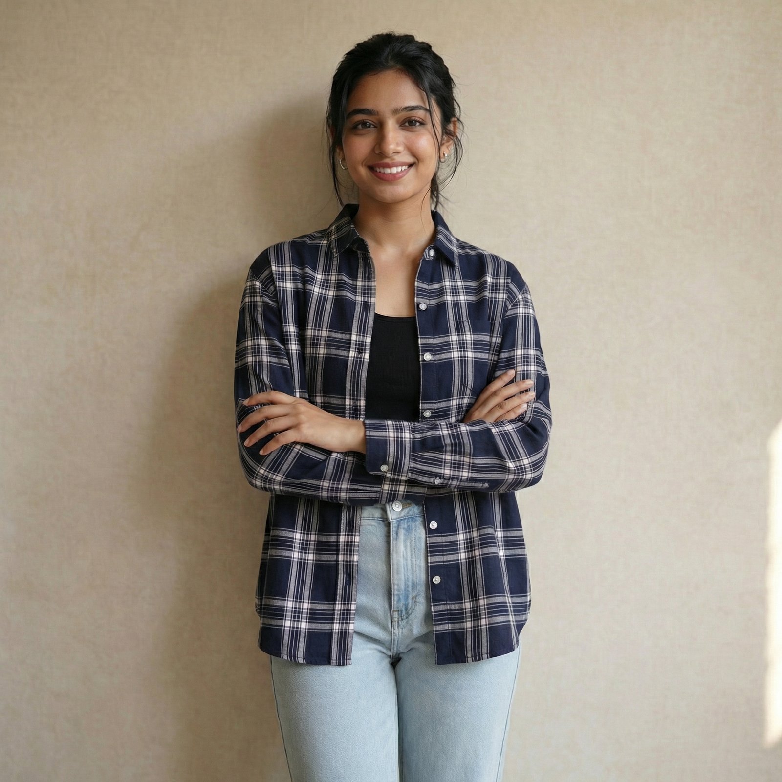 hf_20260226_073912_36ad00a5-2c92-438e-9310-4ce159d4af28 Navy Blue Checked Cotton Casual Shirt - Image 1