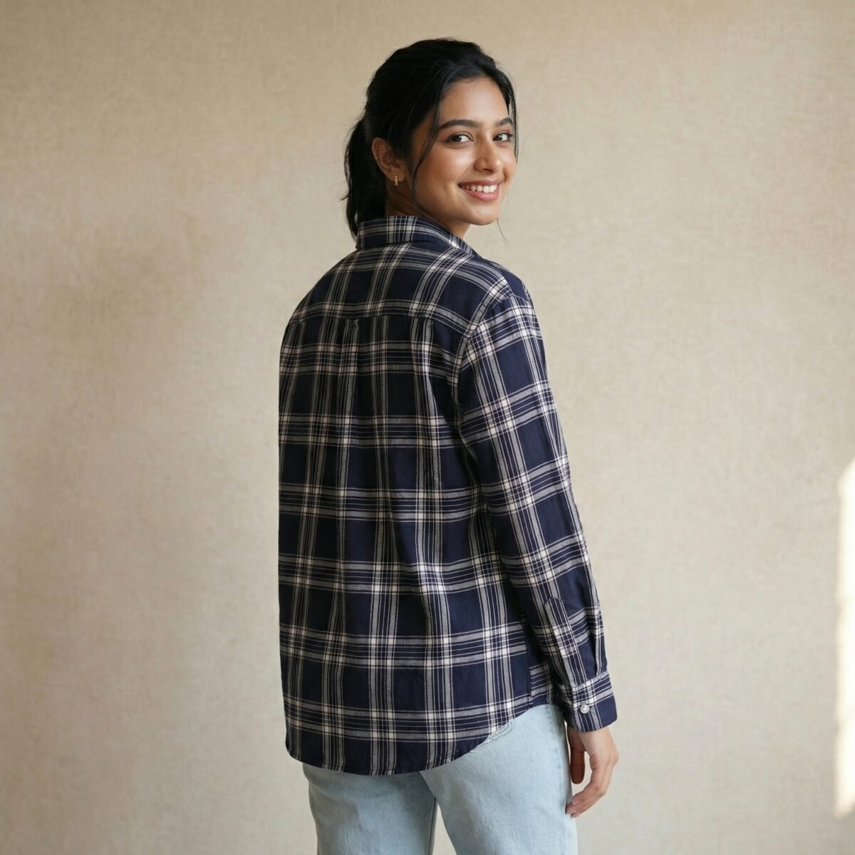 Navy Blue Checked Cotton Casual Shirt - Image 4