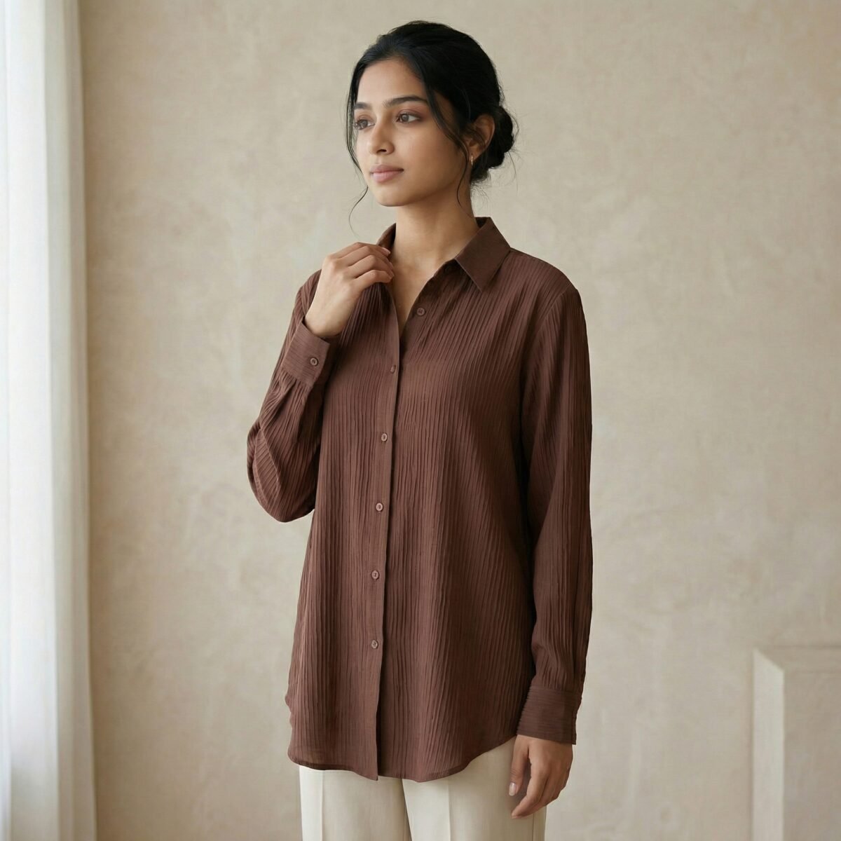 Brown Textured Crinkle Shirt – Relaxed Fit Long Sleeve Women’s Top - Image 4