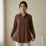Brown Textured Crinkle Shirt – Relaxed Fit Long Sleeve Women’s Top - Image 3