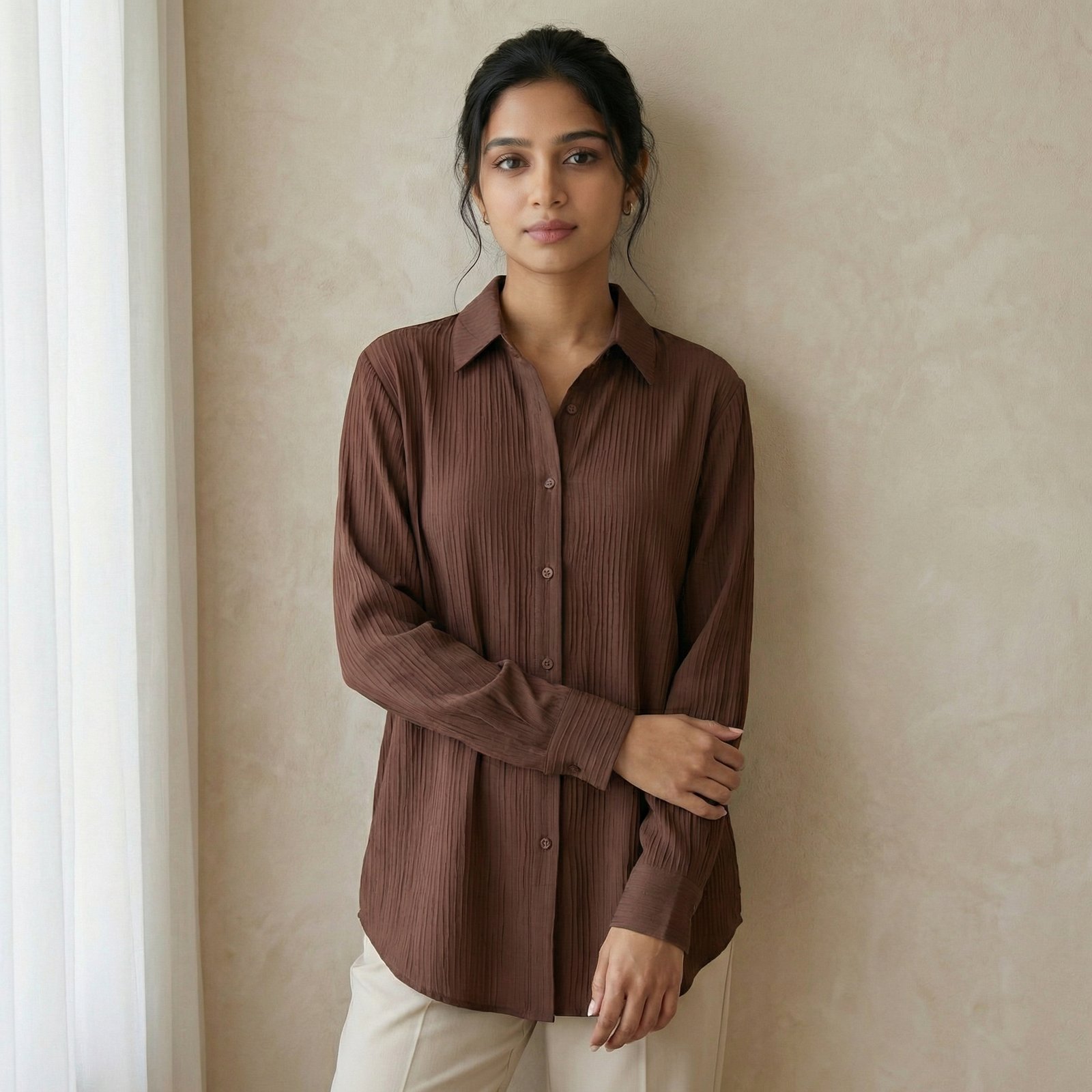 hf_20260226_081213_b8af831a-c251-4fb7-a233-b8c25a781d1c Brown Textured Crinkle Shirt – Relaxed Fit Long Sleeve Women’s Top - Image 1