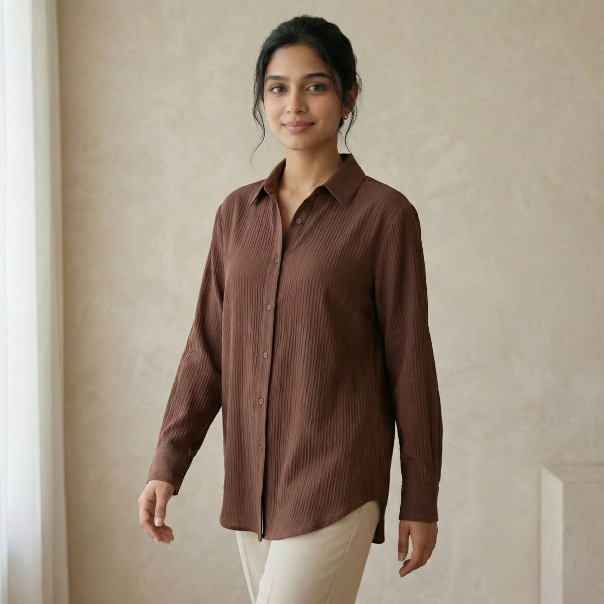 Brown Textured Crinkle Shirt – Relaxed Fit Long Sleeve Women’s Top - Image 2