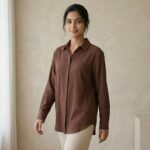 Brown Textured Crinkle Shirt – Relaxed Fit Long Sleeve Women’s Top - Image 2