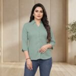 Mint Green Solid Cotton Blend Shirt – 3/4 Sleeve Classic Collar Top