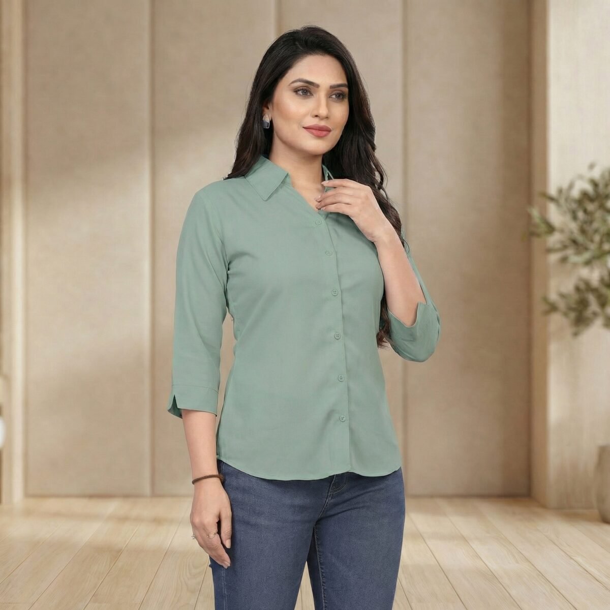 Mint Green Solid Cotton Blend Shirt – 3/4 Sleeve Classic Collar Top - Image 4