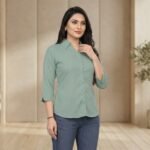 Mint Green Solid Cotton Blend Shirt – 3/4 Sleeve Classic Collar Top - Image 4