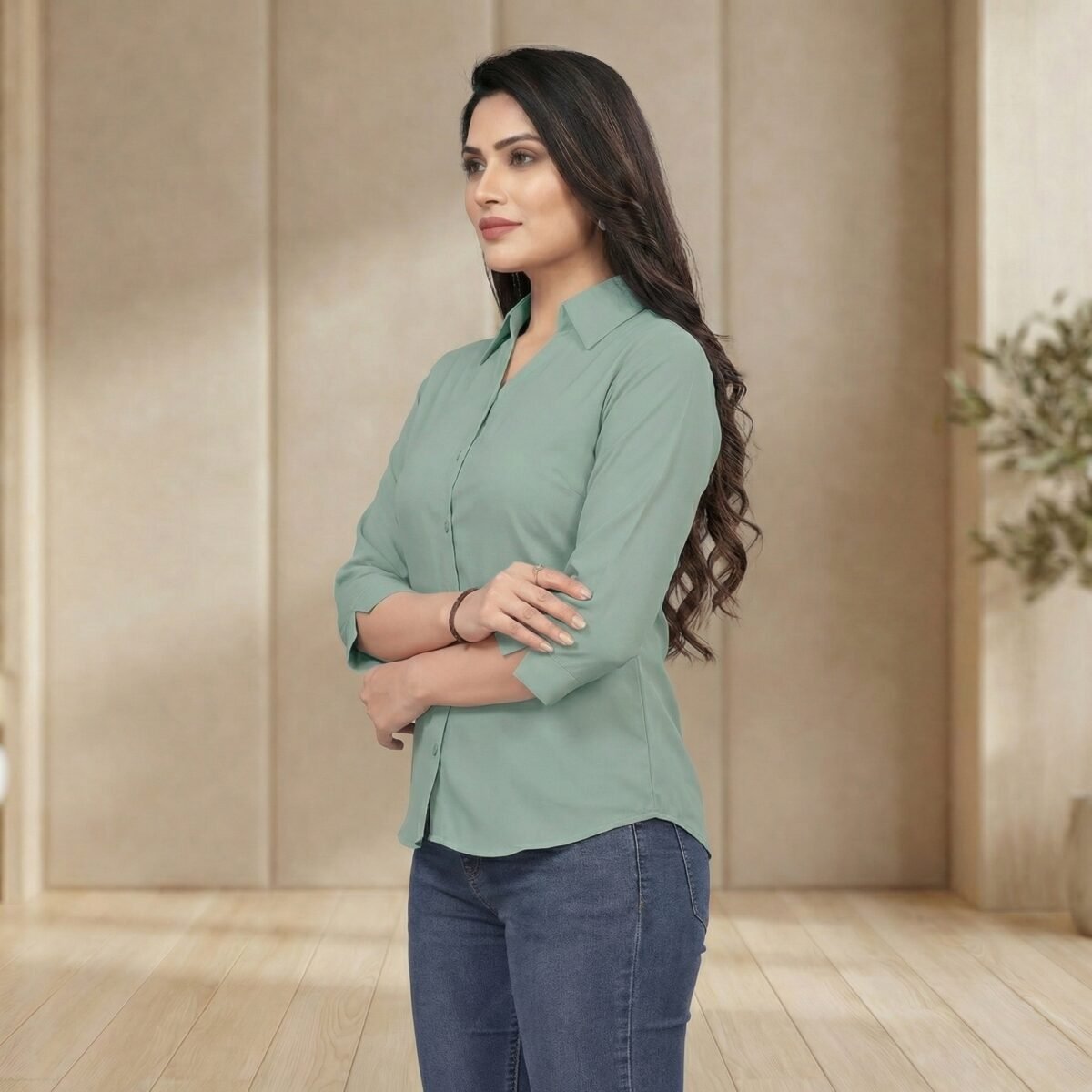 Mint Green Solid Cotton Blend Shirt – 3/4 Sleeve Classic Collar Top - Image 2