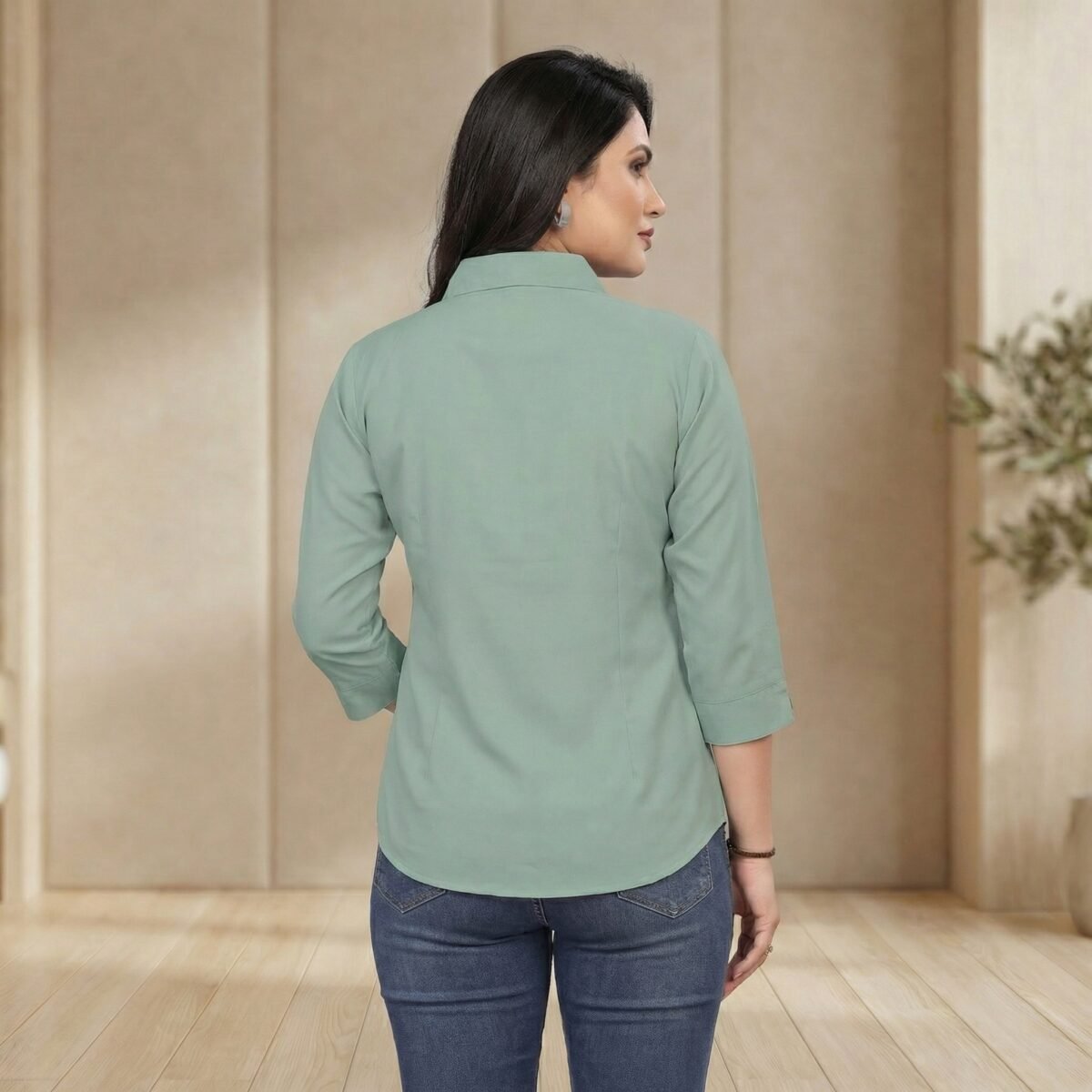 Mint Green Solid Cotton Blend Shirt – 3/4 Sleeve Classic Collar Top - Image 3
