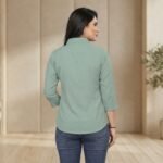 Mint Green Solid Cotton Blend Shirt – 3/4 Sleeve Classic Collar Top - Image 3