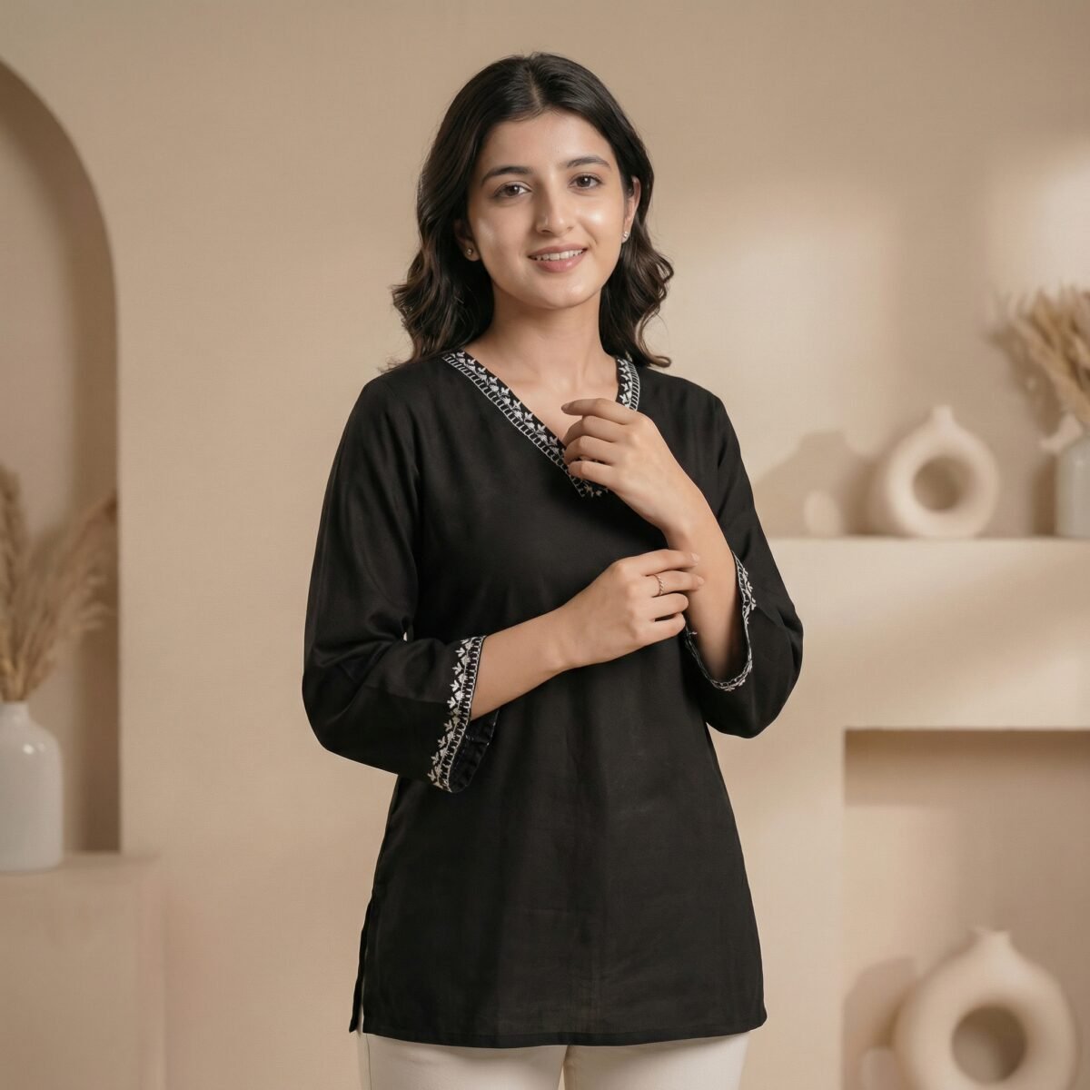Elegant Black Embroidered V-Neck Short Kurti - Image 3