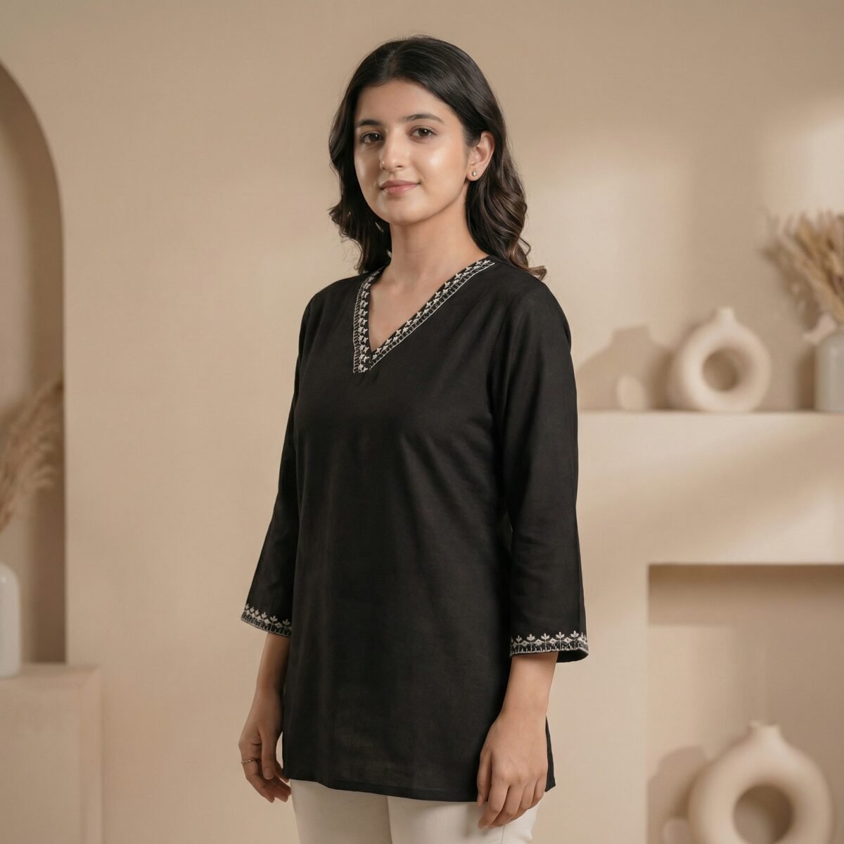 Elegant Black Embroidered V-Neck Short Kurti - Image 2