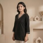 Elegant Black Embroidered V-Neck Short Kurti - Image 2