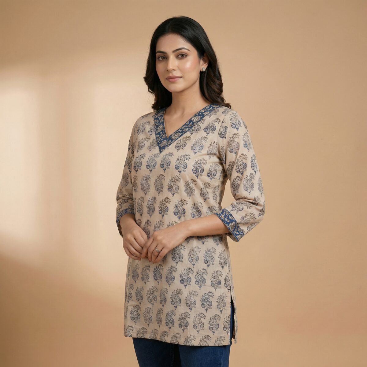 Beige Printed V-Neck Cotton Short Kurti - Image 3