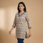 Beige Printed V-Neck Cotton Short Kurti - Image 2