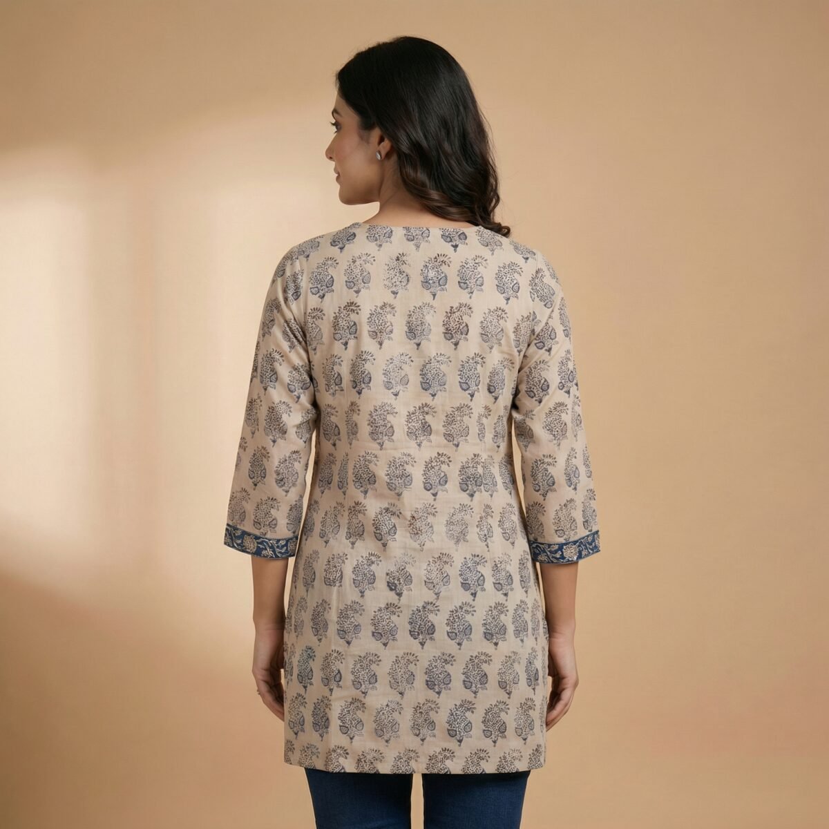 Beige Printed V-Neck Cotton Short Kurti - Image 4