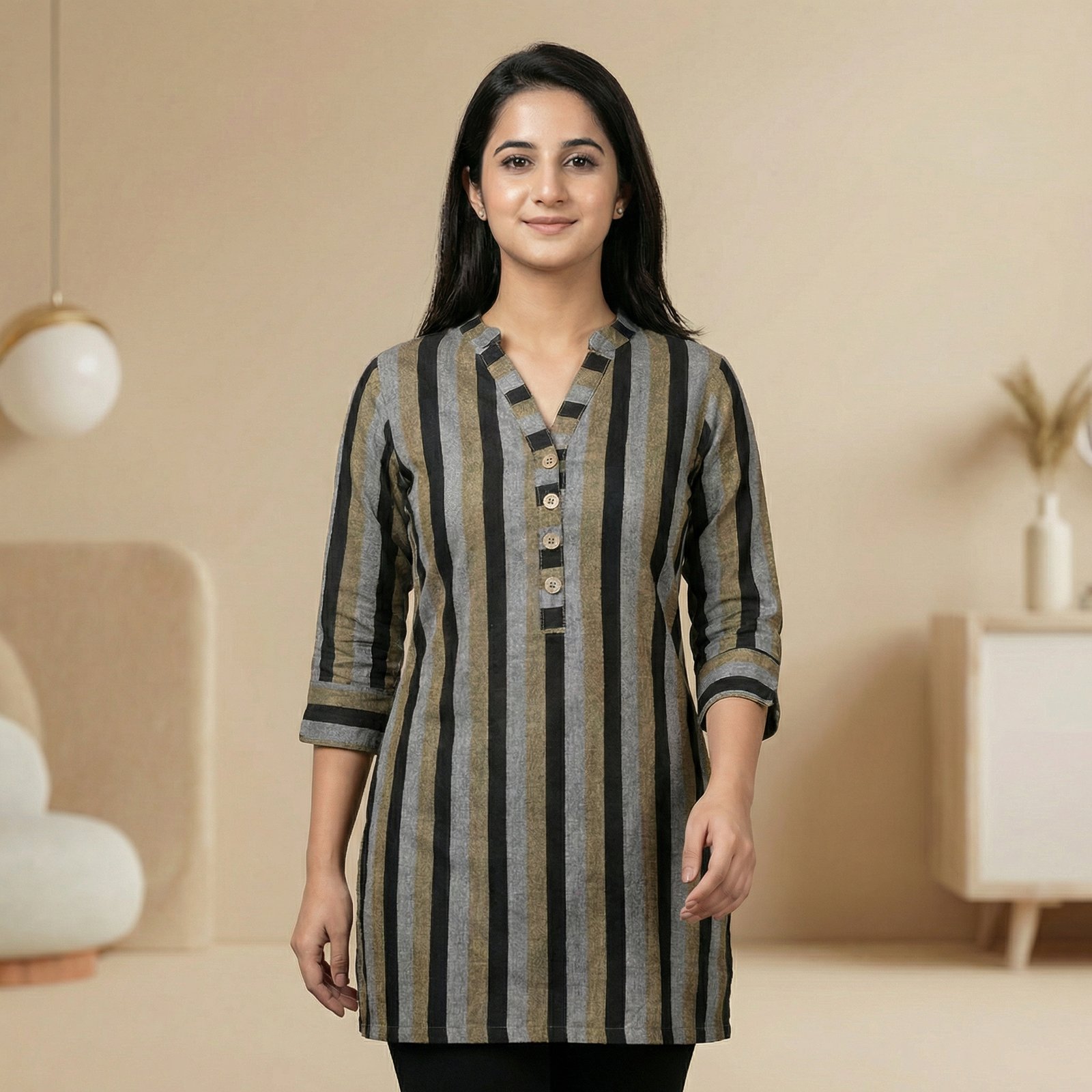 hf_20260226_113005_cd8882f2-6233-4c90-bc65-67f4bc2e67db Striped Khadi Cotton Short Kurti – Casual, Office & College Wear - Image 1
