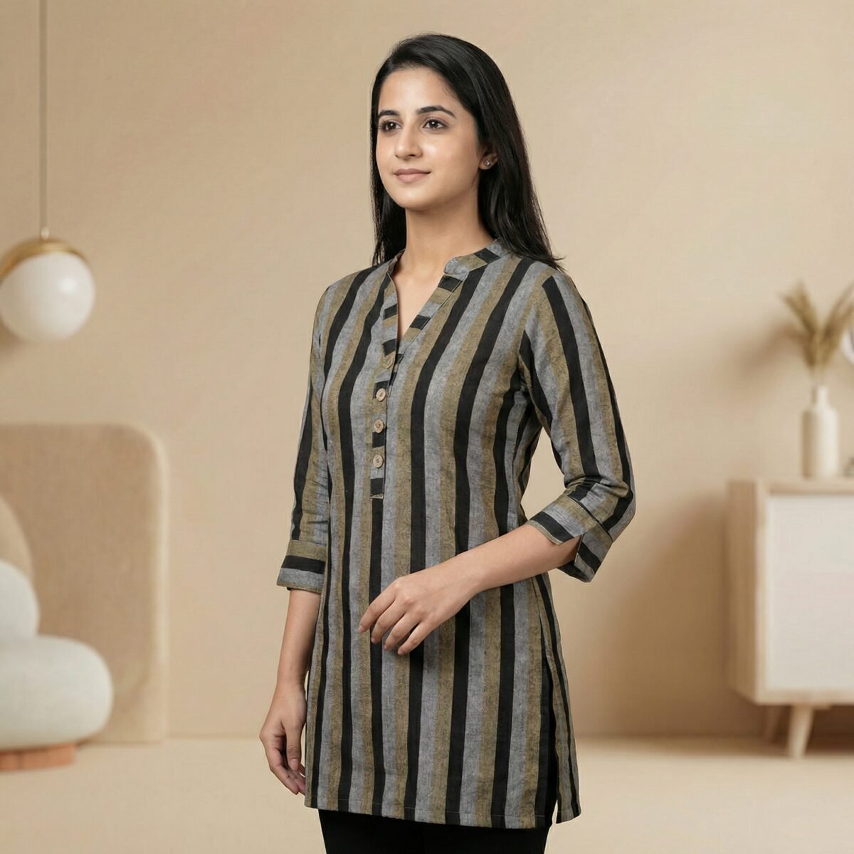 Striped Khadi Cotton Short Kurti – Casual, Office & College Wear - Image 2