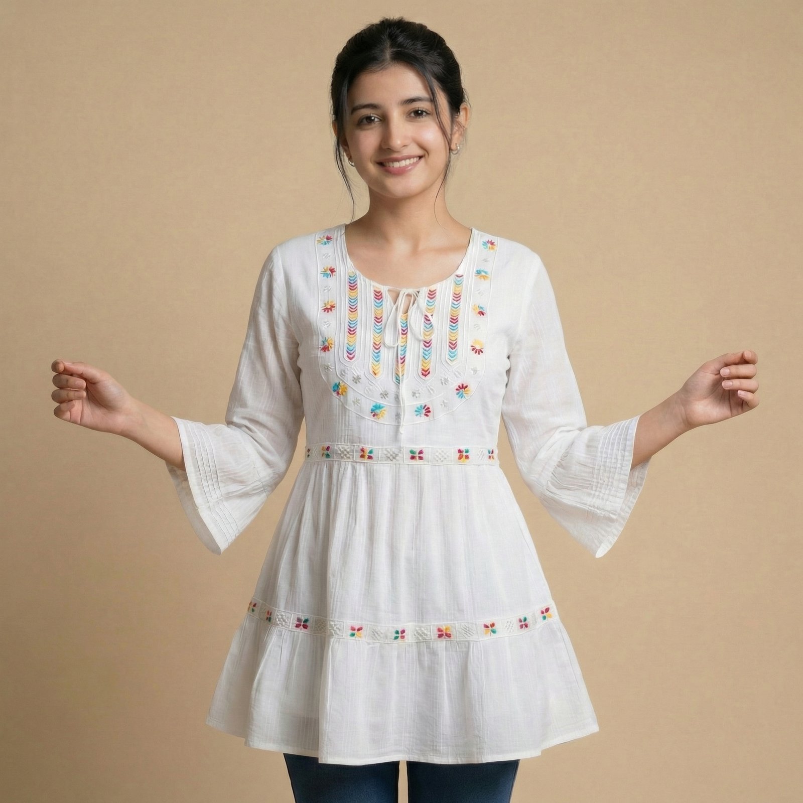 hf_20260226_114857_3bd7b2d8-12bf-4201-af99-64f88ed4e597 White Embroidered Short Kurti for Women – Soft Cotton - Image 1