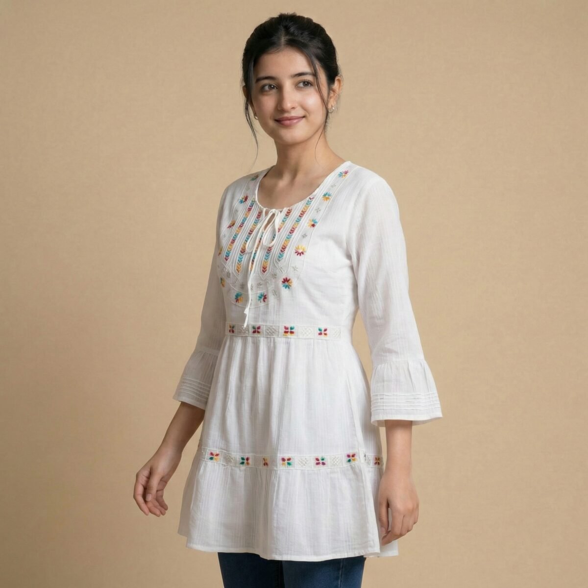 White Embroidered Short Kurti for Women – Soft Cotton - Image 4
