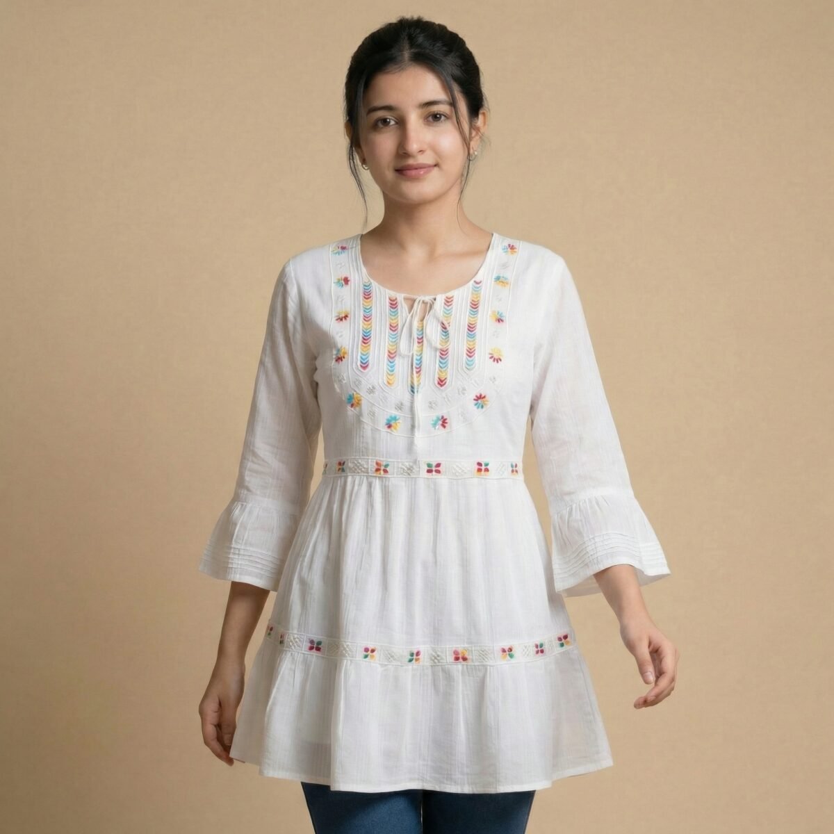 White Embroidered Short Kurti for Women – Soft Cotton - Image 2