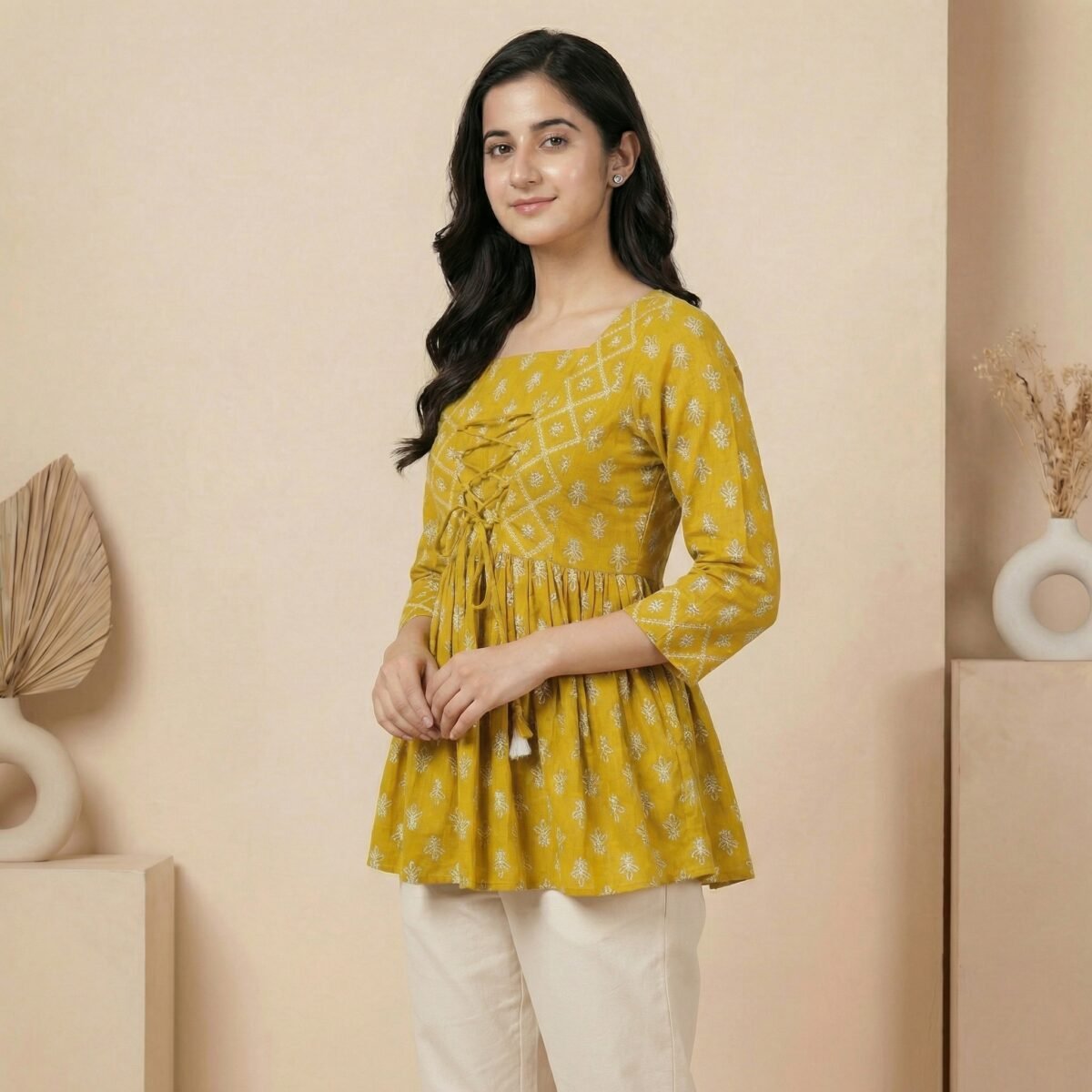 Mustard Printed Lace-Up Short Kurti – 3/4 Sleeve Casual Ethnic Top - Image 2