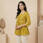 Mustard Printed Lace-Up Short Kurti – 3/4 Sleeve Casual Ethnic Top - Image 2