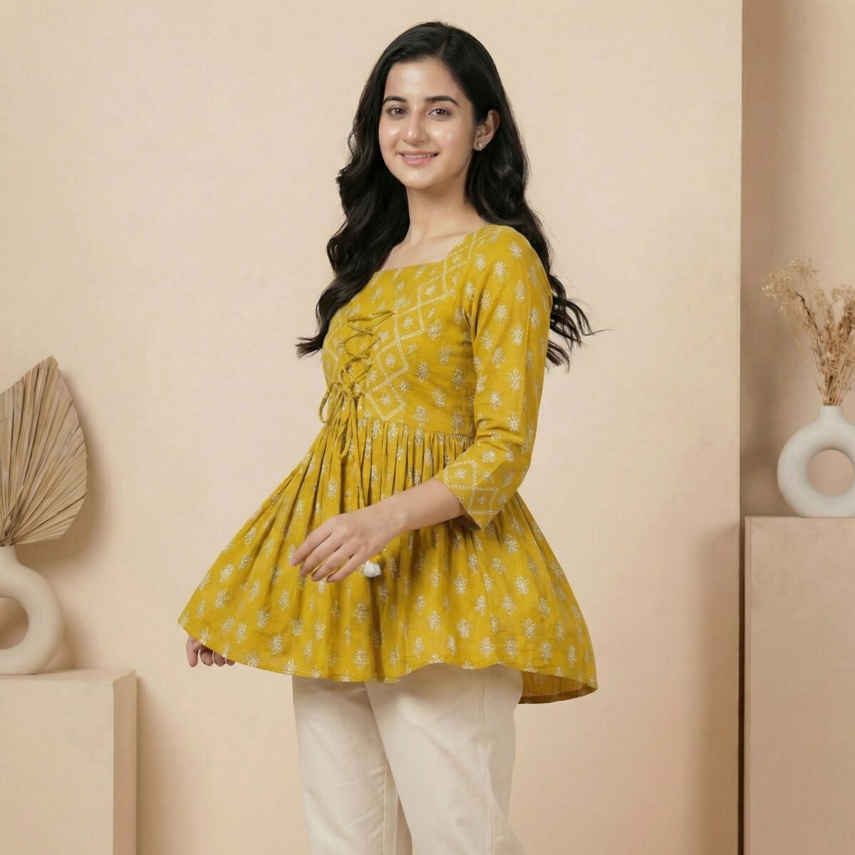 Mustard Printed Lace-Up Short Kurti – 3/4 Sleeve Casual Ethnic Top - Image 4