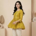 Mustard Printed Lace-Up Short Kurti – 3/4 Sleeve Casual Ethnic Top - Image 4