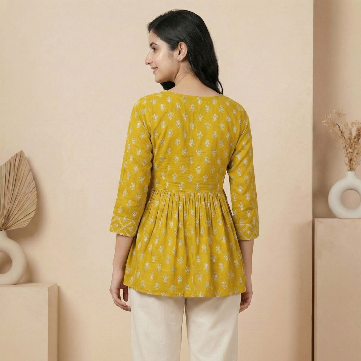 Mustard Printed Lace-Up Short Kurti – 3/4 Sleeve Casual Ethnic Top - Image 3