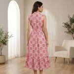 Pink Floral Sleeveless Anarkali Kurti with Waist Tie – Cotton Blend Flared Ethnic Dress - Image 3
