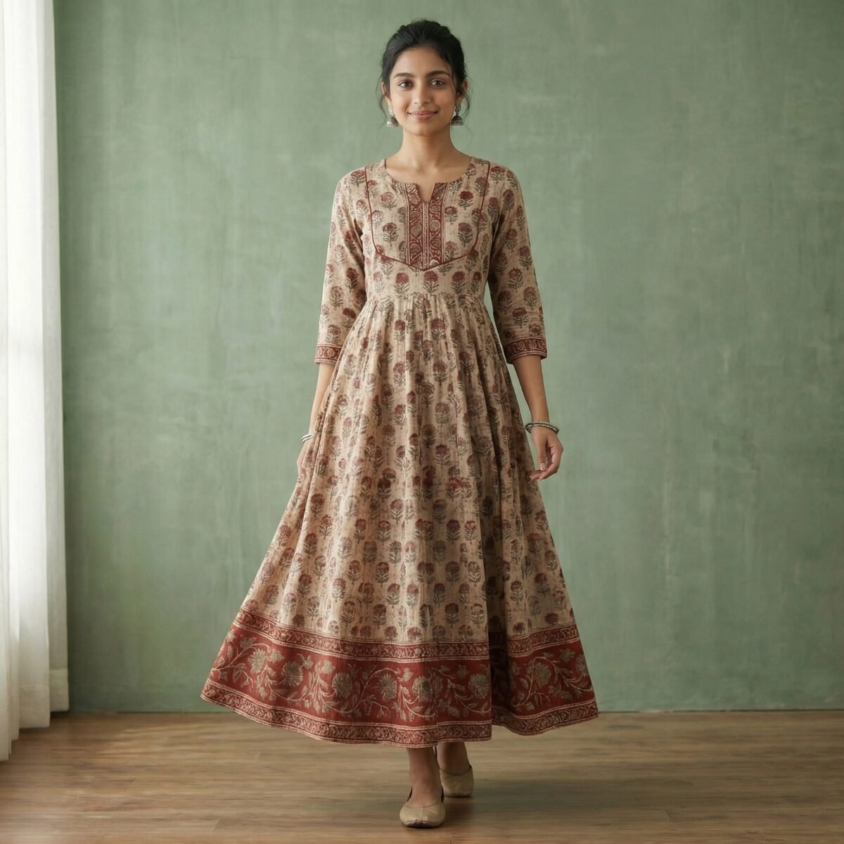 Brown Floral Cotton Anarkali Kurti with Heavy Flare & Printed Hem Border - Image 2