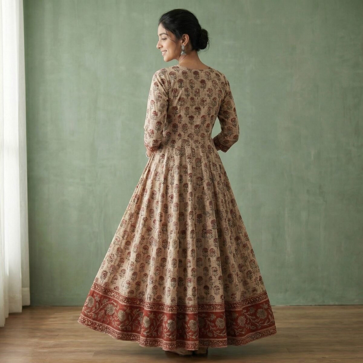 Brown Floral Cotton Anarkali Kurti with Heavy Flare & Printed Hem Border - Image 3