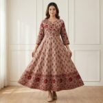 Beige Floral Cotton Anarkali Kurti with Wide Flare & Printed Hem Border