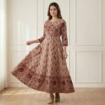 Beige Floral Cotton Anarkali Kurti with Wide Flare & Printed Hem Border - Image 2