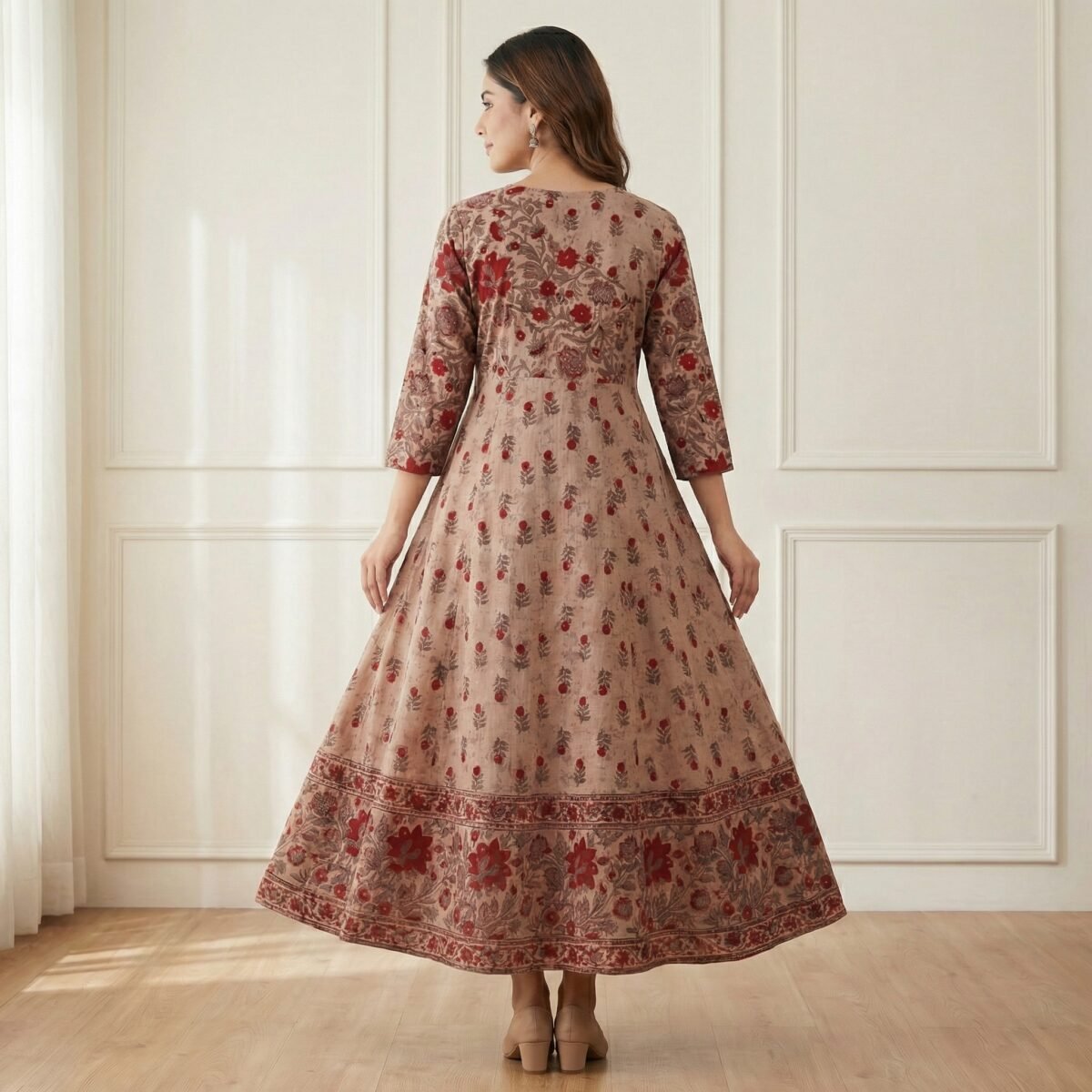 Beige Floral Cotton Anarkali Kurti with Wide Flare & Printed Hem Border - Image 3