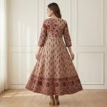 Beige Floral Cotton Anarkali Kurti with Wide Flare & Printed Hem Border - Image 3
