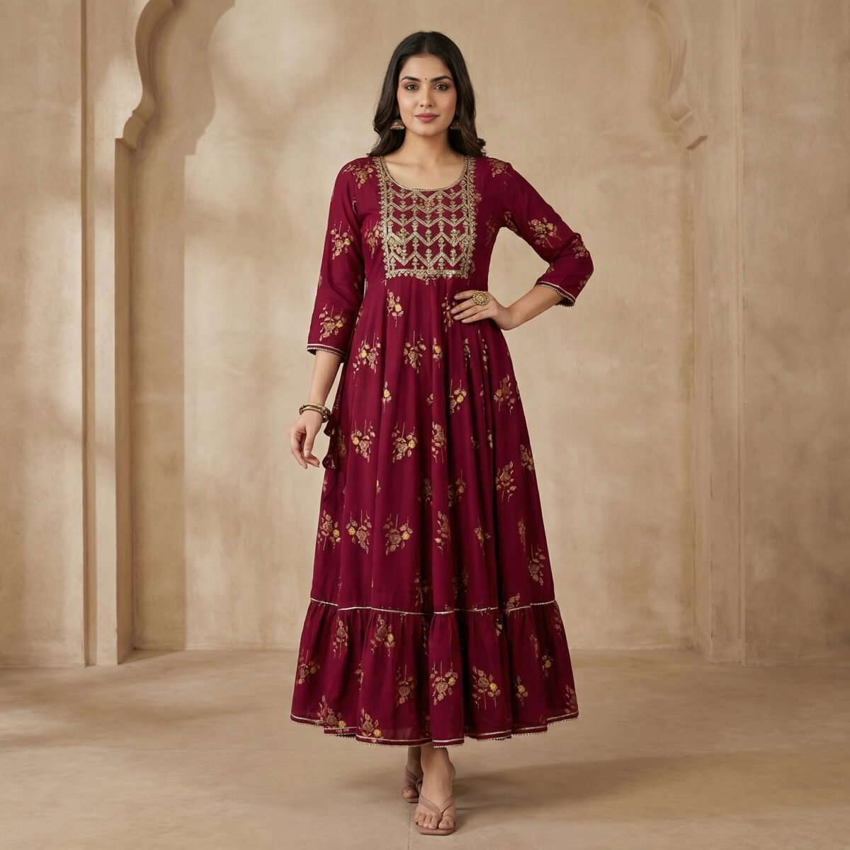 Maroon Viscose Rayon Anarkali Kurti with Gold Embroidery & Flared Hem - Image 4