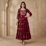 Maroon Viscose Rayon Anarkali Kurti with Gold Embroidery & Flared Hem - Image 4