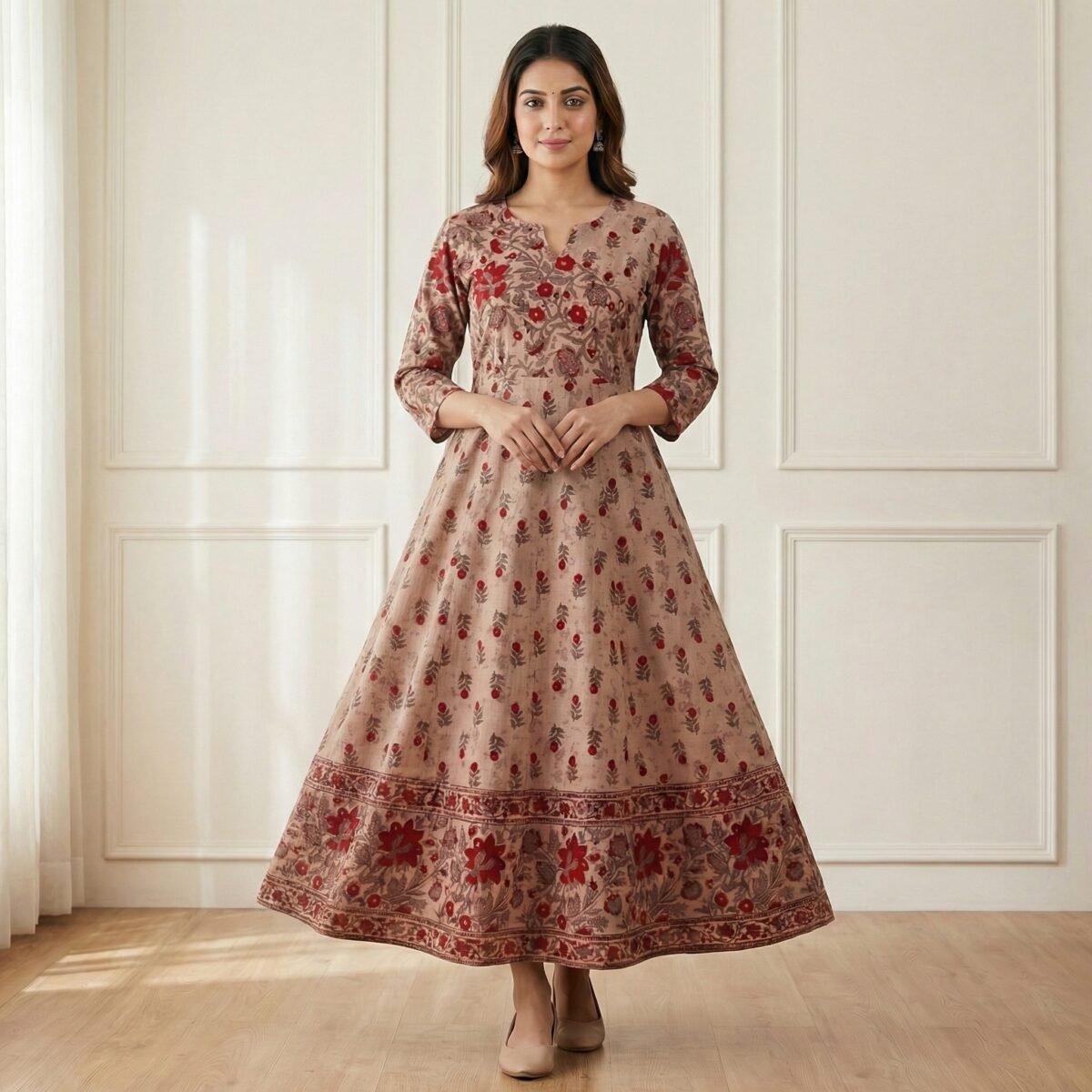 Beige Floral Cotton Anarkali Kurti with Wide Flare & Printed Hem Border - Image 4