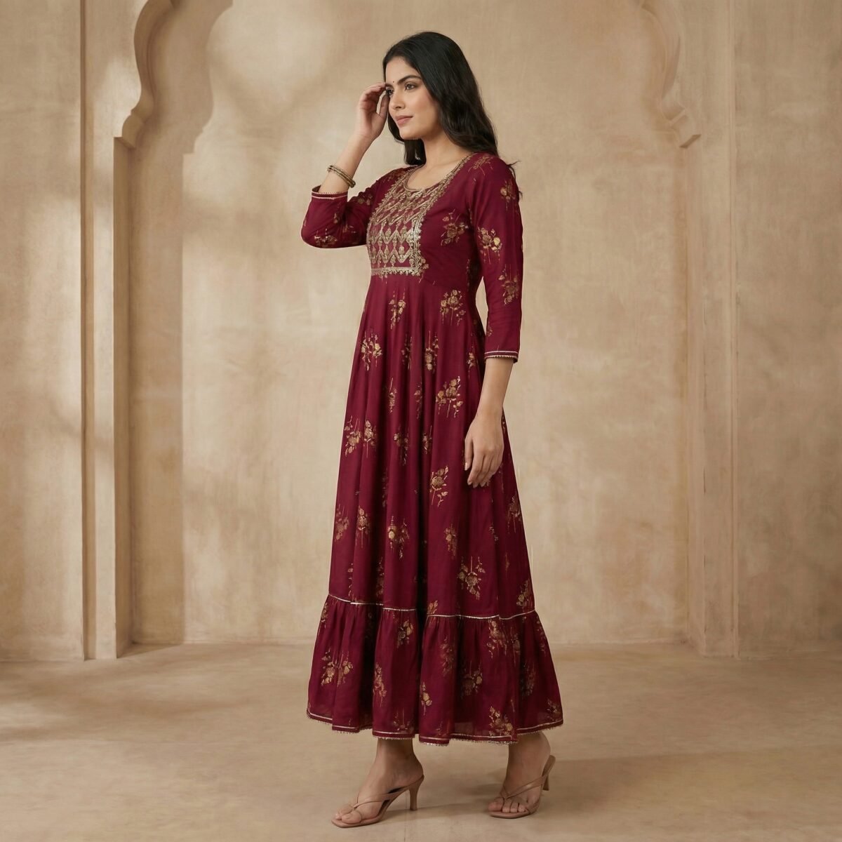 Maroon Viscose Rayon Anarkali Kurti with Gold Embroidery & Flared Hem - Image 2