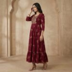 Maroon Viscose Rayon Anarkali Kurti with Gold Embroidery & Flared Hem - Image 2